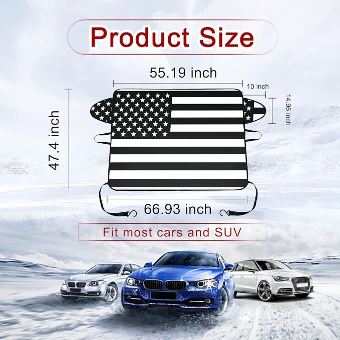 1 PC Car Windshield Snow Cover, American Flag Design Snow & Ice Protection De-Frost Cover, 69" x 42" Four Seasons Universal Shade Anti-UV Cover, Auto Universal Accessories (Black)