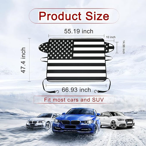 1 PC Car Windshield Snow Cover, American Flag Design Snow & Ice Protection De-Frost Cover, 69" x 42" Four Seasons Universal Shade Anti-UV Cover, Auto Universal Accessories (Black)
