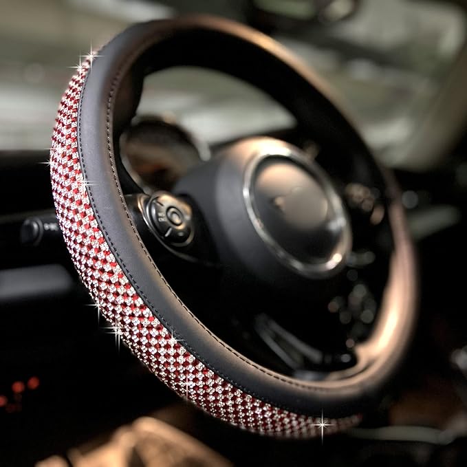 Large Size Bling Comfy Steering Wheel Cover with Jumbo Crystal Rhinestones, Anti-Slip Diamond Leather, 15.5-15.75 Inch (Red)
