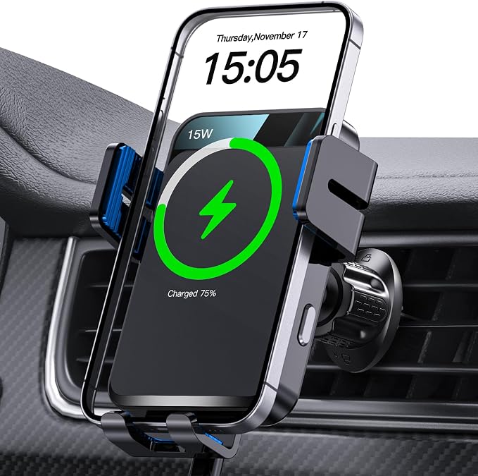 Wireless Car Charger, Auto-Clamping Car Mount 15W/10W/7.5W Fast Charging Air Vent Car Phone Mount Compatible with iPhone 16 15/14/13/13 Pro/12 Pro Max/12 pro/12/11/10/8 Series, Samsung Galaxy