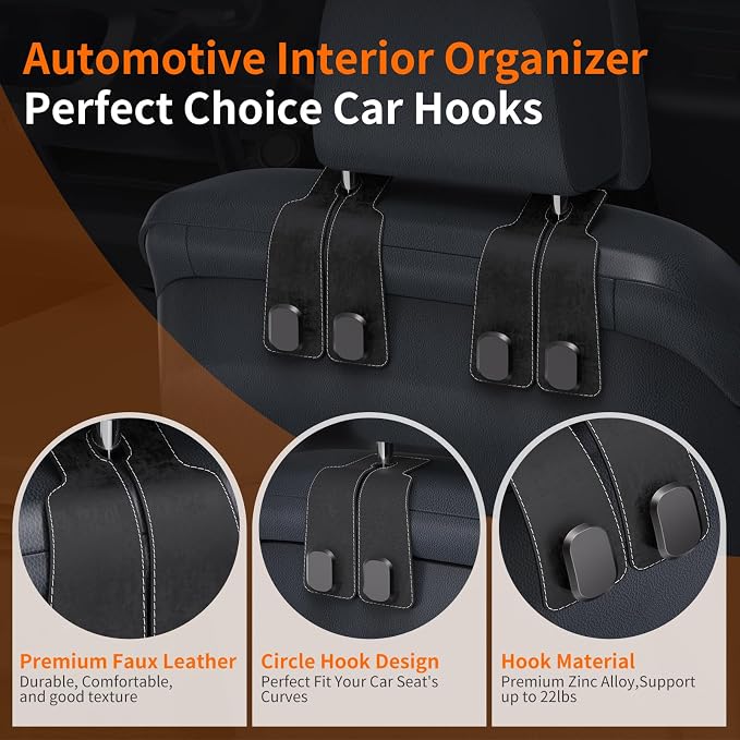 BiYiQi Headrest Hooks for Car, Seat Back Storage Hook Leather Alloy Car Purse Hook, Car Seat Storage Hanger, Car Hooks for Purses, Bags, Handbags,(2 Pack),Gray