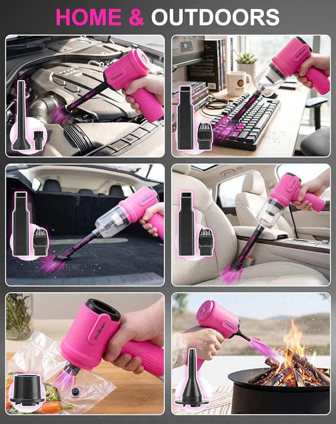 27pcs Car Cleaning Kit, 4-in-1 12000Pa Cordless Mini Handheld Vacuum Cleaner & Air Duster, Portable Pink Car Detailing Kit with Interior Accessories for Car, Home, Office, Gift for Women