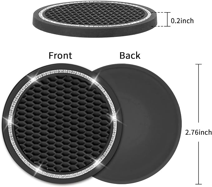 Car Coasters, 4 Pack Universal Vehicle Bling Car Coaster, Crystal Rhinestone Coaster for Cup Holders, Car Interior Accessories 2.75'' Silicone Anti Slip Car Coasters for Women (Black)
