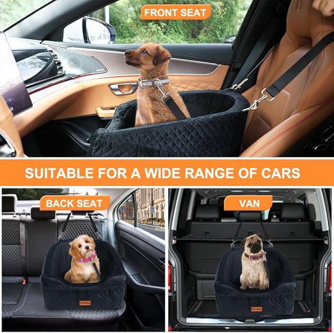 Dog Car Seat for Small & Medium Dogs, Detachable & Washable Booster Seat for Pets Up to 30lbs, Travel Bed with Storage Pockets and Safety Belt – Black