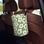 Car Trash Bag Vintage Green Groovy Flowers Waterproof Trash Small Car Can Portable Collapsible Car Garbage Can Hanging for Back Seat Floor or Hanging Headrest Car Decor Road Trip Essentials