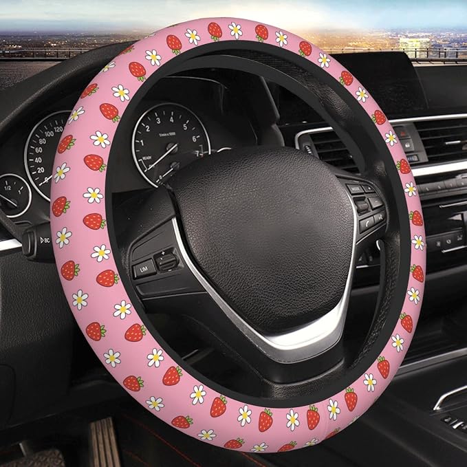 Strawberry Steering Wheel Cover for Women Girls, 15 Inch Universal Floral Daisy Car Steering Wheel Protector, Cute Pink Neoprene Non-Slip Breathable Auto Interior Decor for Most Vehicles, SUV, Sedan