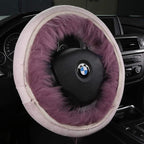 3Pcs Set Fashion Fluffy Fuzzy Wool Fur Soft Car Steering Wheel Cover with Handbrake Cover & Gear Shift Cover for Women/Girls/Ladies Auto Long Wool Accessories, Dark Red