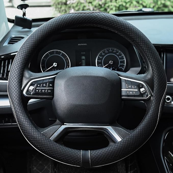 Microfiber Leather Steering Wheel Cover Anti-Slip Matte Finish Auto Car Wheel Cover Universal 15 Inch Wheel Cover for Car Embossing Pattern (M (14.5"-15" Diameter), White Line)