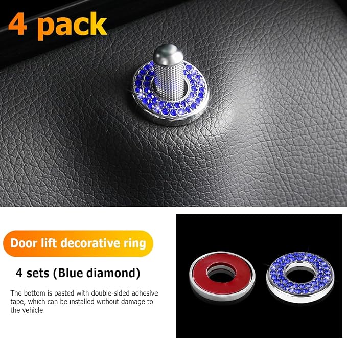 4 Pcs Bling Car Inner Door Lock Covers, Crystal Pull Rod Bolt Stickers, Sparkly Rhinestones Auto Door Bolt Decorations, Vehicle Lock Pin Cap Decors for C Class C200L GLC260 C260L (Blue)