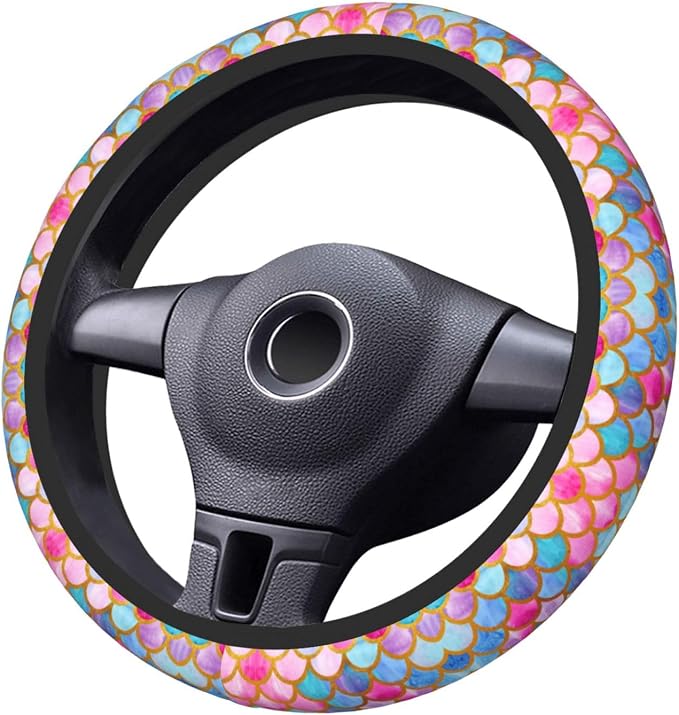 Mermaid Fish Scale Steering Wheel Cover, Universal 15 Inch Colorful Neoprene Car Protector, Non-Slip & Breathable Wheel Sleeve for Most Cars, Sedans, SUVs, and Trucks