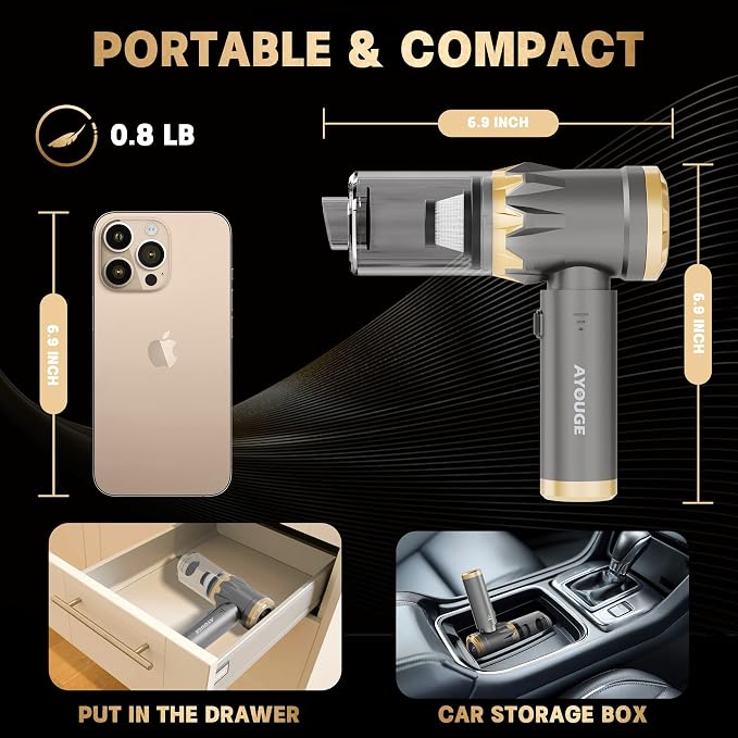 Car Portable Vacuum Cleaner, 20000PA Cordless Handheld Vacuum with Brushless Motor, 3-Speed Mode, 4-in-1 Air Duster & Air Blower for Car, Home, Office, Camping - Grey