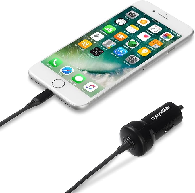 12W (5V, 2.4A) Fast Car Charger with Coiled Lightning Cable, MFi Certified for iPhone, iPad and Apple Devices, 1.5 ft, Black