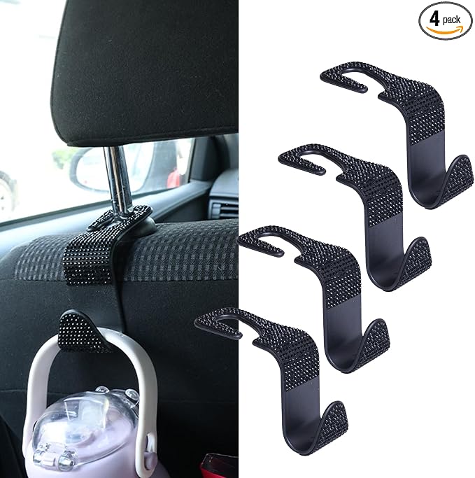 4PCS Bling Car Seat Headrest Hooks, Vehicle Back Seat Purse Handbag Hanging Holder with Crystal Rhinestone, Diamond Storage Organizer Hook,Bling Car Accessories for Women (Black)