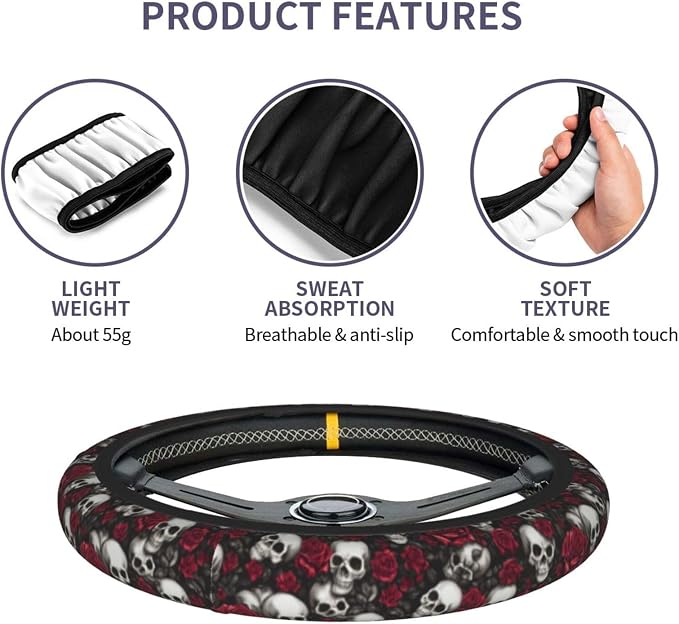 Skull Rose Halloween Scary Steering Wheel Cover Car Accessories Cute for Women Girls Girly Universal 15 Inch Neoprene Auto Interior Decor Anti Slip Car Truck Protector