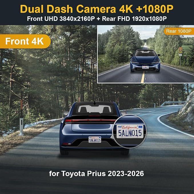 Front 4K+Rear 1080P Dash Cam Adapts for Toyota Prius 2023-2026 & Prime Plug-in Hybrid (XW60), OEM Look, Dual HD Video, Built-in WiFi & APP, Loop Recording, G-Sensor, Easy to Use, 128GB Card