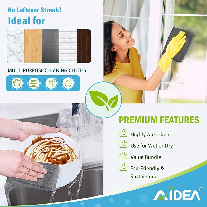 AIDEA Microfiber Cleaning Cloth Grey-400PK, Soft Absorbent Rags, Microfiber Towels for Cars, Kitchen Towels, Dusting Cloth for Home, Window, Cleaning Supplies, 12"×12"