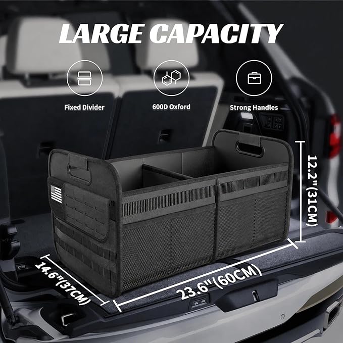 Car Trunk Organizer for SUV - 70L Collapsible Tactical MOLLE Car Storage with Reinforced Handles & Multiple Pockets, Sturdy Trunk Organizers for Groceries, Tools & Outdoor Storage (Black)