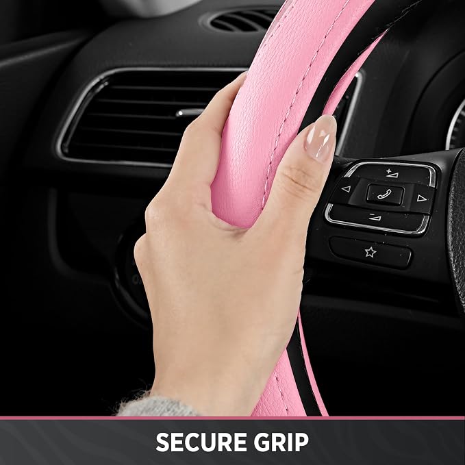 Steering Wheel Cover - Flat Bottom Wheel Cover Made with PVC Leather and Leopard Fabric - Universal Fit for 15-Inch D-Shaped Automotive Steering Wheels (All Pink)