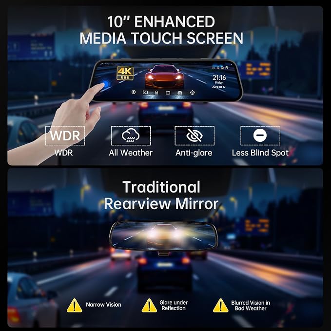 4K Rear View Mirror Camera, 10'' 4K Mirror Dash Cam with 1080P Backup Camera, Dash Cam Front and Rear for Car with Voice Control, 24H Parking Mode, Night Vision, 32GB SD Card Included