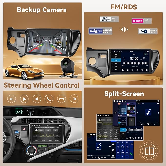 4+128G 9'' Android 15 Car Stereo for Toyota Prius C 2012-2014 | In-Cell Touchscreen, Wireless Carplay Android Auto, 5G WiFi Bluetooth Mirror Link, GPS SWC FM/RDS/EQ, Backup Cam+Mic