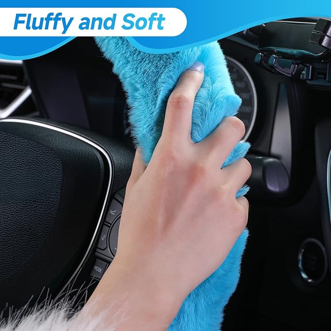 Furry Car Steering Wheel Cover with Gear Shift Cover, Soft and Warm, Cute Fluffy Auto Decor for Women Men, Standard Size, 2 PCS Set, Cyan