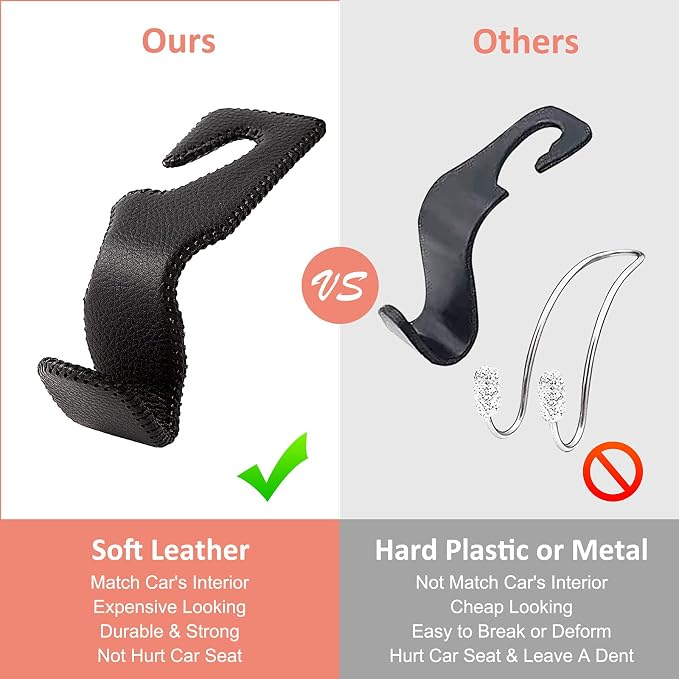 Car Seat Hooks, Cars Backseat Headrest Hangers Genuine Leather Stylish Vehicle Organizer Holders for Purse Clothes Hat Grocery, 2 Pack, Gray