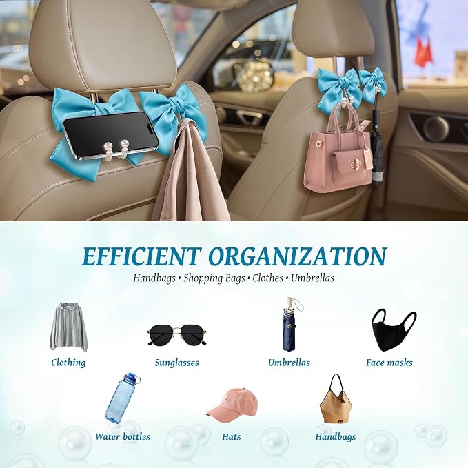 2 PCS Bow Pearl Car Seat Headrest Hook – Cute Purse Hook for Car, Girly Interior Decoration Accessories Hook Hanger, Seatback Holder for Purses & Bags, Elegant Car Organizer (Sky Blue)