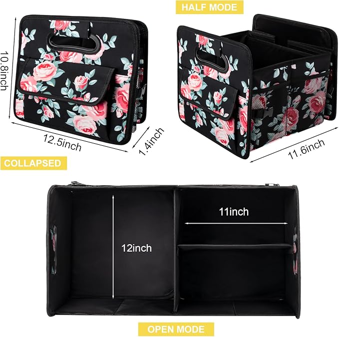 Car Trunk Organizers and Storage Collapsible Multi Compartment Container Box, Adjustable Car Accessories for SUV Sedan Truck, Standard Size, Black Floral