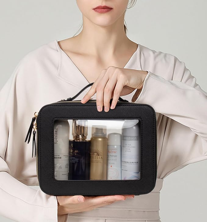 Clear Makeup Bags, TSA Approved Toiletry Bag with Zipper, Clear Makeup Organizer Large Fit Carry-on Travel Essentials,Clear Cosmetic Bags for Women Men (Large-Black)