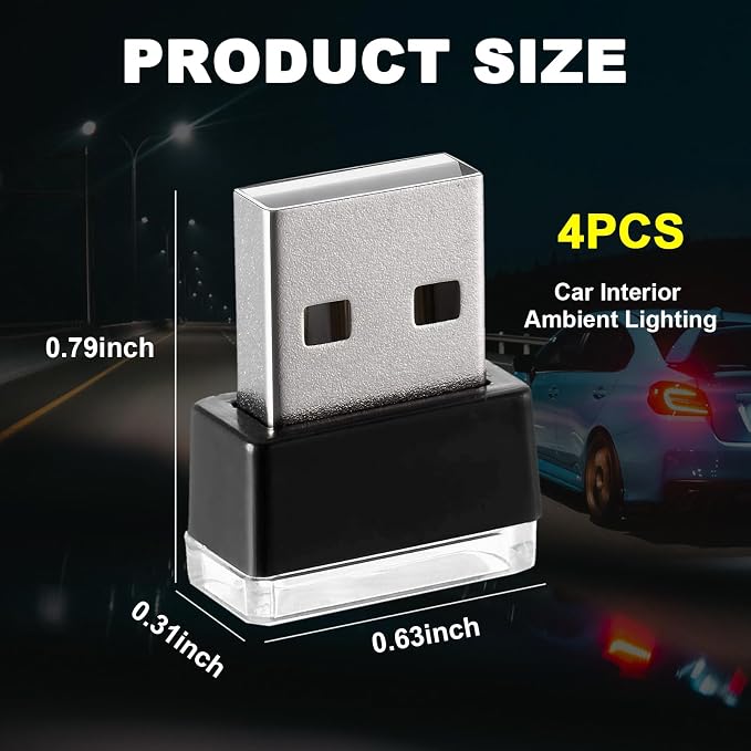 4 PCS USB LED Car Interior Atmosphere Lamp, Portable Mini LED Night Light, Plug-in USB Interface Trunk Ambient Lighting Kit, Universal Car Interior Accessories (White)