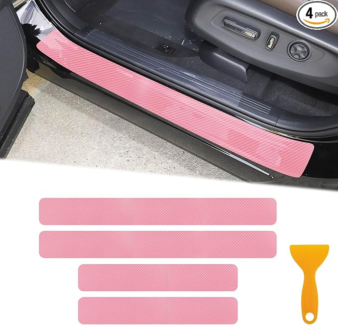 Car Door Sill Protector,3D Carbon Fiber Anti-Scratch Cover Strips,Universal Scuff Protective Door Threshold Edge Guard Vinyl Sticker for Car Truck SUV(4PCS,Pink)