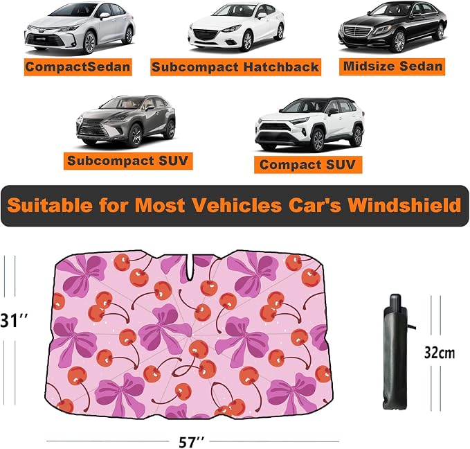 Windshield Sun Shade Umbrella for Car Front Window Sun Visor for Windshield Car Summer Accessories Protect Interior from UV Rays & Heat for Sedan, Compact SUV, Hatchbacks 57"*31" （Cherry）