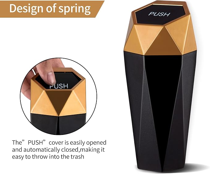 Car Trash Can with Lid, Mini Diamond Design Portable Trash Can, Plastic Material and Multipurpose Organizers for Car,Home,Office(Gold)