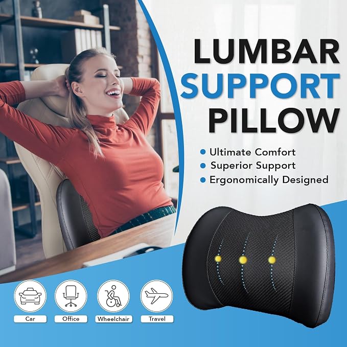 Lumbar Support Pillow for Car, Car Seat Back Support for Driving | Memory Foam Car Lumbar Support for Driving Seat, Car Back Cushion, Adjustable Straps, Lower Back Pillow, Office Chairs, Black