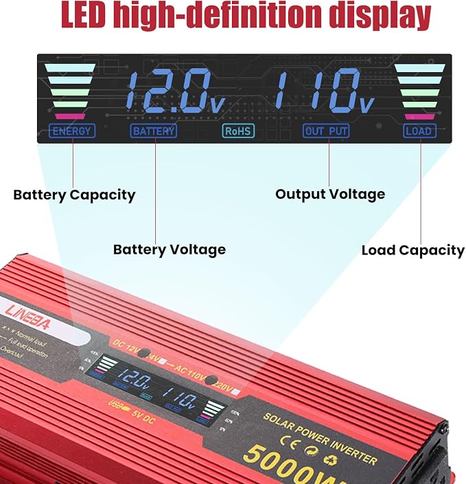5000 Watt Red Power Inverter with LED Display,Dual AC Outlets,USB Port, 12V DC to 110V AC Converter Car Power Inverter for Vehicles, Car, RV, Truck, Off Grid Solar System, Outdoor Camping