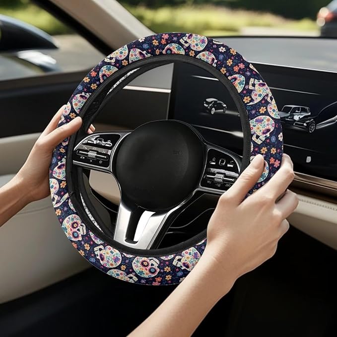 Steering Wheel Cover for Women, Hippie Flower Skull Sweat Absorbing Non-Slip Steering Wheel Protection Case, Machine Washable Elastic Flexible Universal 14 to 15 inch