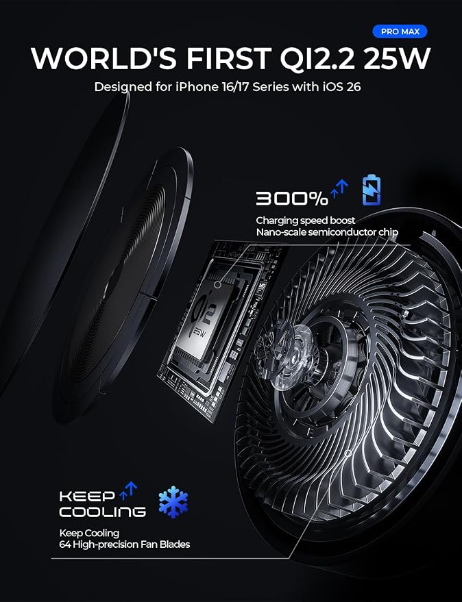 for Qi2.2 25W MagSafe Car Mount Charger，[Smart Cooling Fan＆95W Fast Adapter] Magnetic Wireless Car Charger, Phone Holders for Your Car Accessories for iPhone 17 Pro Max Air 16 15 14 13 12 | [Smart Cooling Fan] Magsafe Car Mount Charger, [Qi2 25W...