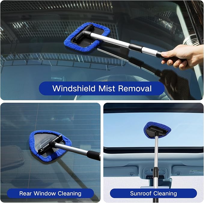10pcs Windshield Cleaning Tool Inside Car Window Cleaner Wash Kit with 4 Reusable Microfiber Pads 1 Spray Bottle and Extendable Handle Interior Auto Glass Wiper Kit, Blue&Green