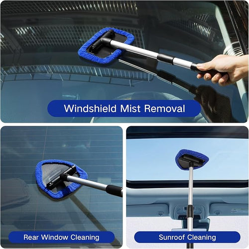 10pcs Windshield Cleaning Tool Inside Car Window Cleaner Wash Kit with 4 Reusable Microfiber Pads 1 Spray Bottle and Extendable Handle Interior Auto Glass Wiper Kit, Blue&Green