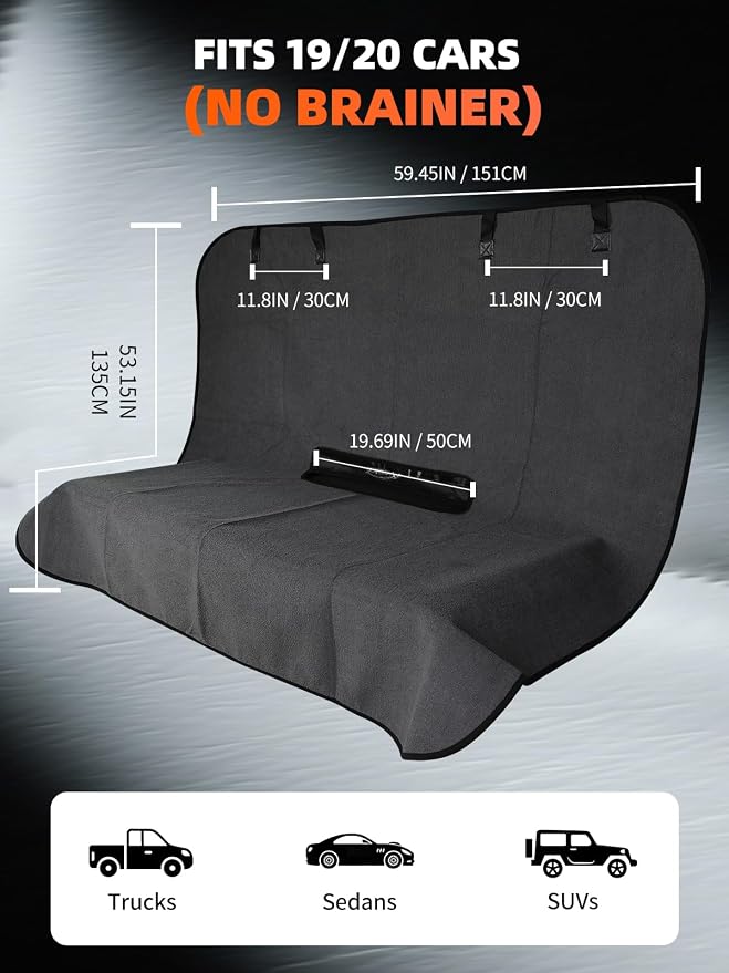 Rear Bench Seat Cover, Waterproof, Sweatproof, Non-Slip Protector for Back Seat, Dual-Layer Microfiber Terry, Universal Fit for Cars, Trucks, SUVs – Embroidered Design (Gray, 1 Pack)
