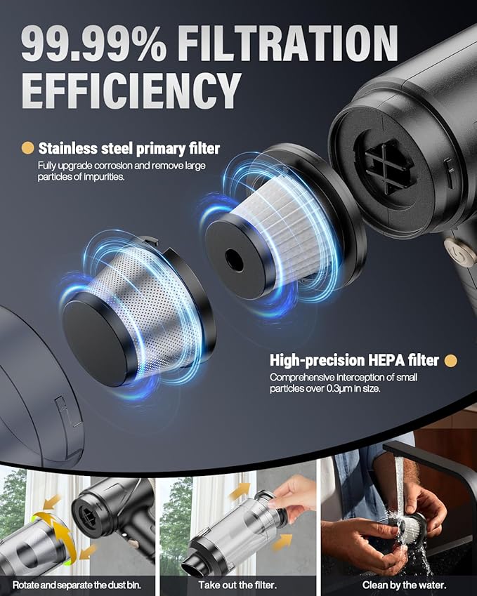 Handheld Vacuum Cleaner 21000Pa Suction with Brushless Motor, 4-in-1 Portable Mini Car Vacuum with 2 Suction Modes, Cordless Vacuum with LED Light, Type-C Charge for Car, Office Desk, Keyboards
