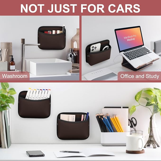 Universal Car Side Pocket Organizer, PU Leather Car Pocket Pouch for Car Seat, Door, Window, Console, Cards Trash Cell Phone Sunglasses Holder for Car, Brown
