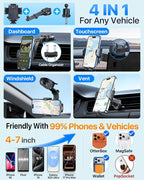 HTU Upgraded Strongest Suction Car Phone Holder Bendable Arm, Never Block View Rotatable Cellphone Mount for Dashboard Windshield Vent, Cradle Stand for iPhone 17 16 15 14 13 12 Pro Max (Black)