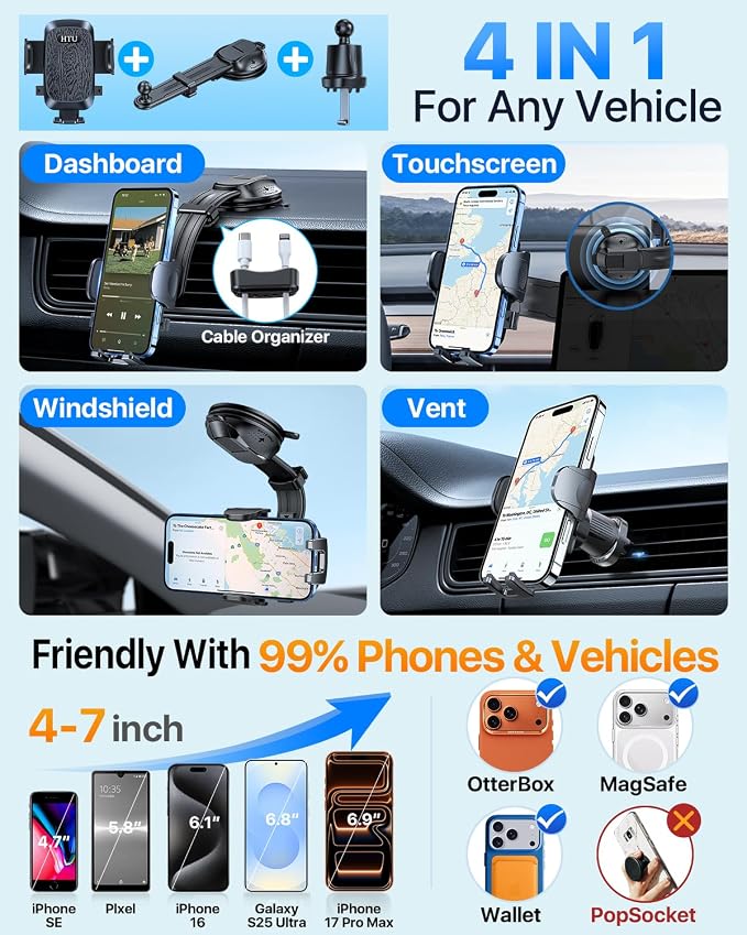 HTU Upgraded Strongest Suction Car Phone Holder Bendable Arm, Never Block View Rotatable Cellphone Mount for Dashboard Windshield Vent, Cradle Stand for iPhone 17 16 15 14 13 12 Pro Max (Black)