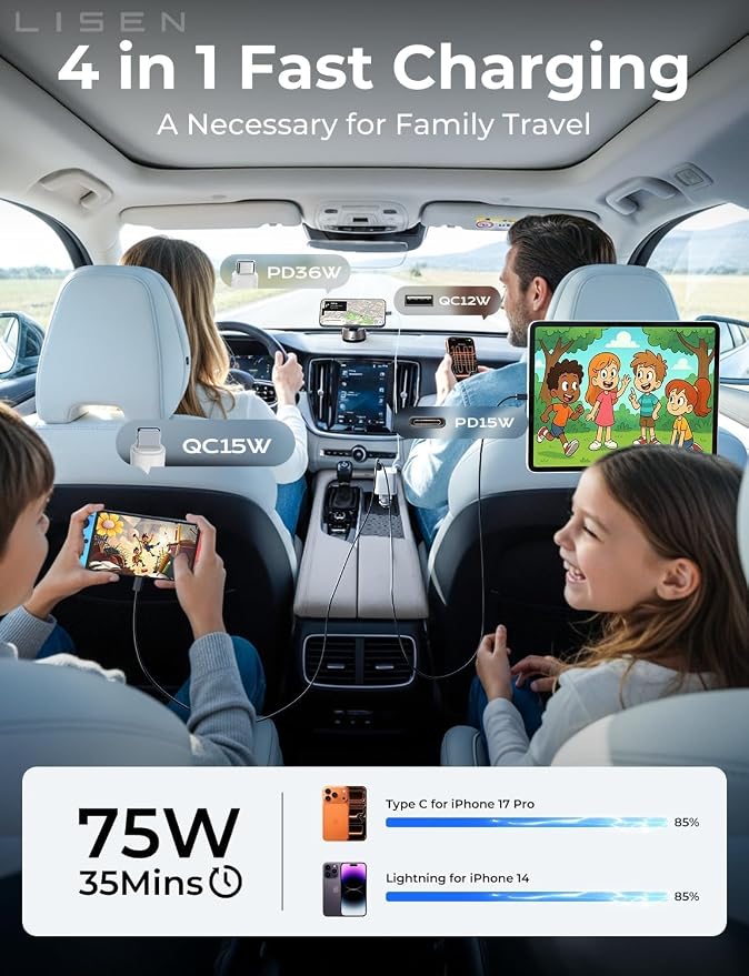 Retractable Car Charger for iPhone, for iPhone 17 Pro Max 16 15 14 13 12 Plus Mini, Cute 4 in 1 Retractable USB C Car Charger Fast Chareg for Women Men, 84W Fast Charging Car Accessorie | Multiple Ports Car Charger, Retractable Car Charger Fast C...