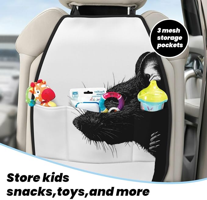 Rat Head Looking Silhouette Car Seat Back Kick Protectors,2 Pack Kick Mats with Storage Pockets for Vehicles to Protect from Dirt Mud Scratches