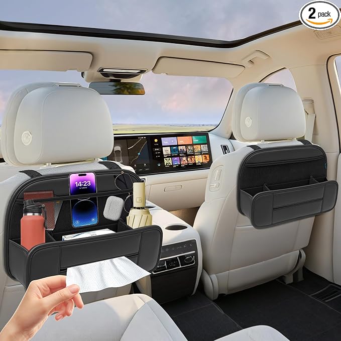 Hanging Car Backseat Organizer, 5-in-1 Premium Leather Headrest Seat Back Storage with Cup Holder, Foldable Hanging Car Tissue Holder 2 Pack