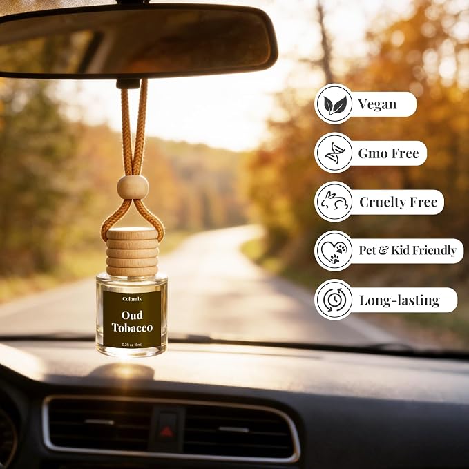 Car Air Freshener Oud Tobacco 2 Packs, Hanging Glass Bottle Auto Odor Eliminator, Long Lasting Natural Scent for Car Home Office