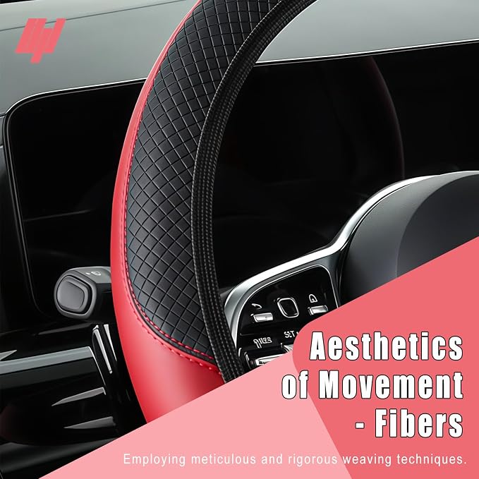 Leather Car Steering Wheel Cover, 15 Inch Anti-Slip Carbon Fiber Black Steering Wheel Cover, Universal Car Interior Accessories for Trucks Sedans SUVs (AD-Black & Red)