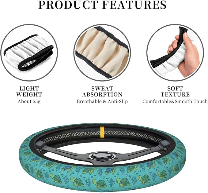 Cute Sea Turtle Steering Wheel Cover, 15 Inch Universal Neoprene Anti-Slip Steering Wheel Protector, Breathable & Durable Car Decor Accessory for Women Men, Teal/Blue